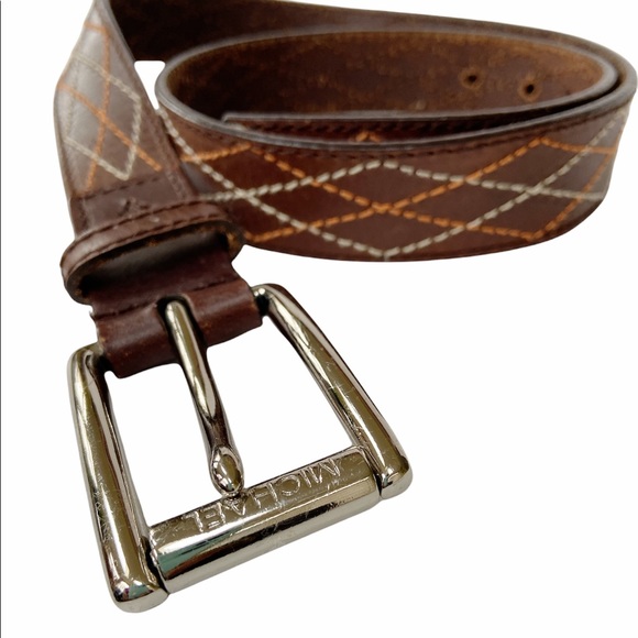 Michael Kors Brown Leather Belt with Orange and Ivory Stitching Size Medium - Picture 3 of 7
